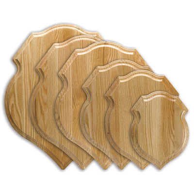 Solid oak, crest-shaped plaque for taxidermy mounts.
